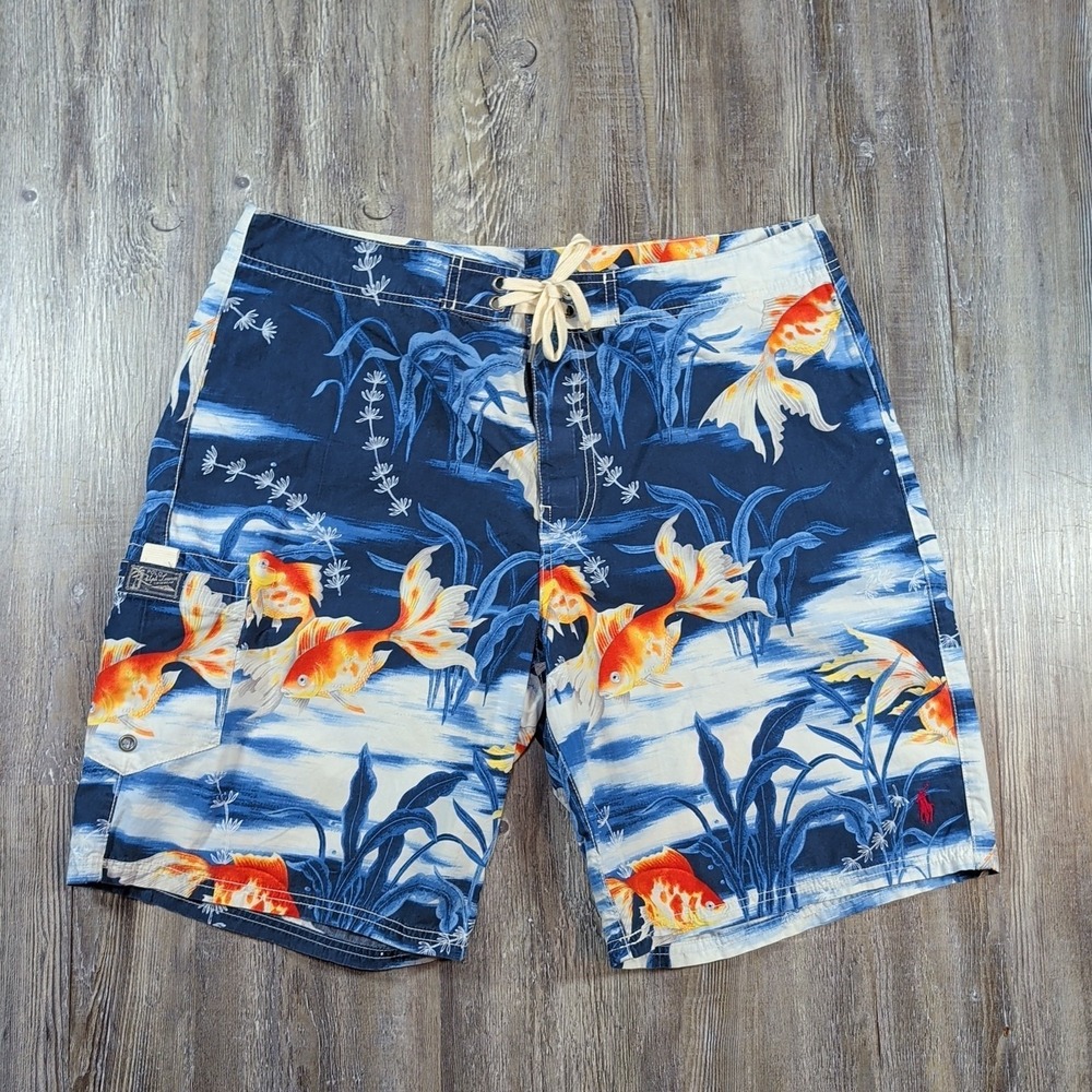 Vintage Polo Ralph Lauren Blue Orange Goldfish Swim Trunks Board Shorts Size 36